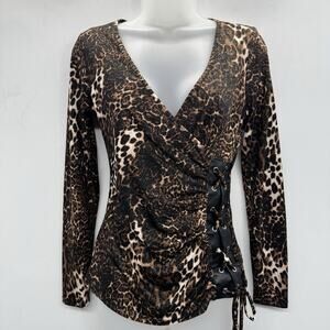 Venus Lace Up Wrap Style Top Sz S Brown Leopard Print Jersey Y2K Glam Corset